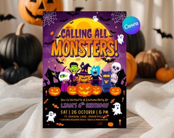 Calling All Monsters Birthday Invitation | Halloween Costume Party Invite |Kids Spooky Birthday Invite |Halloween kids birthday party invite