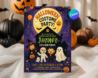 Puede incluir: Una invitación a una fiesta de disfraces de Halloween con un fondo morado, con personajes de dibujos animados disfrazados. La invitación incluye el texto "Halloween Costume Party!" y detalles para el 8º cumpleaños de Jason.