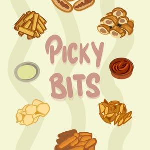 May include: Illustration of various snack foods, including fries, chips, and mini sandwiches. The text "Picky Bits" is displayed in a pink font against a light green background with wavy lines.