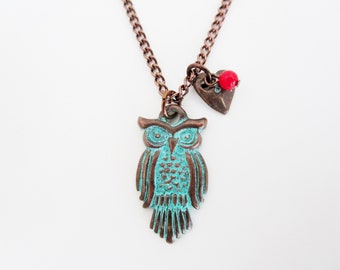 Owl Necklace / Green Patina Jewelry / Gift for Owl Lover