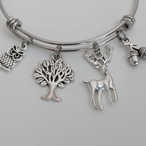 May include: A silver charm bracelet featuring a variety of charms, including an owl, a tree, a deer, and acorns. The bracelet is made from stainless steel and has a simple design.