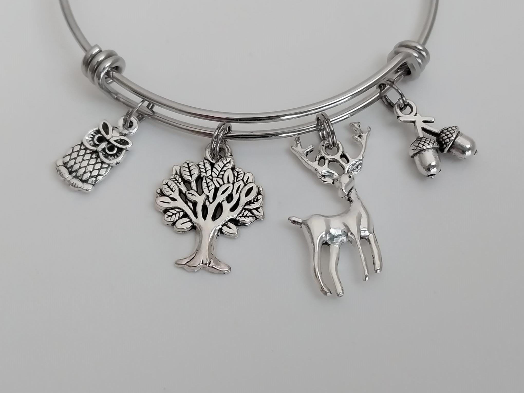 Deer and Acorn Charm Bracelet / Owl Bangle / Forest Nature Jewelry