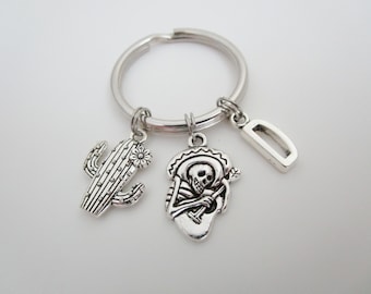 Mexico Keychain / Mexican Skull with Sombrero and Guitar Key Ring / Cactus Accessories / Gifts Under 20