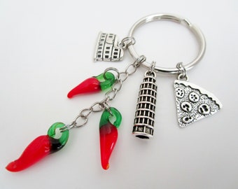 Italy Red Horn Keychain / Pizza Rome Colosseum Key Ring / Travel Accessories / Leaning Tower of Pisa / Gifts Under 20