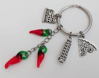 Italy Red Horn Keychain / Pizza Rome Colosseum Key Ring / Travel Accessories / Leaning Tower of Pisa / Gifts Under 20