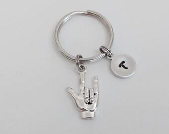ASL Keychain / I Love You American Sign Language Key Ring / Hand Stamped Initial Charm / Gifts Under 20