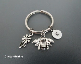 Honey Bee Keychain / Flower Key Ring / Hand Stamped Initial Charm