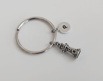 Lighthouse Keychain / Beach Key Ring / Hand Stamped Initial Charm
