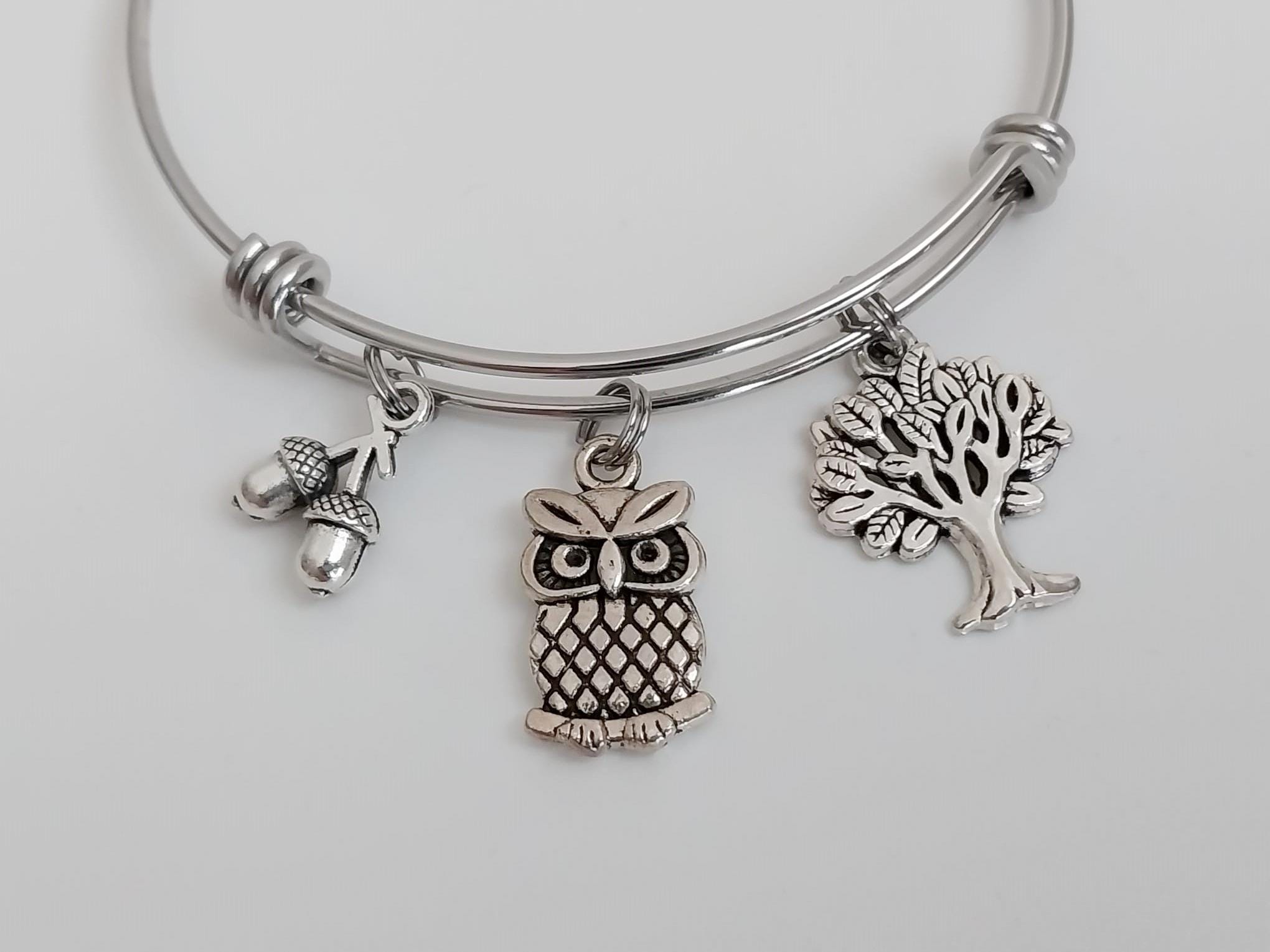 Owl Charm Bracelet / Tree of Life Bangle / Acorn Jewelry