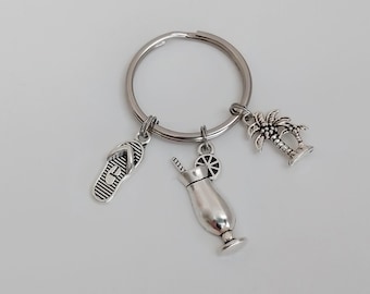 Beach Vacation Keychain / Cocktail Key Ring / Palm Tree and Flip Flop Accessories