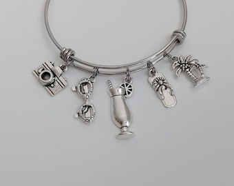 Beach Vacation Charm Bracelet / Cocktail Bangle / Flip Flop Palm Tree Sunglasses Accessories