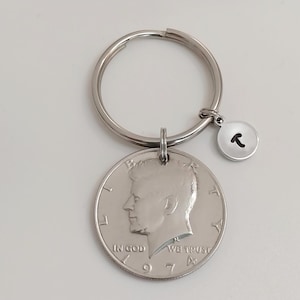 1974 Kennedy Half Dollar Coin Keychain / Initial Key Ring / US Duty Free