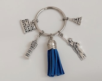 Travel Around The World Tassel Keychain / Statue of Liberty Key Ring / Eiffel Tower, Colosseum, Big Ben