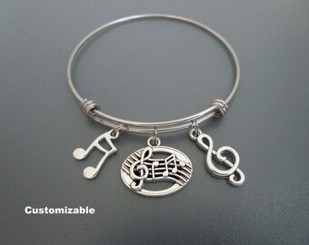 Music Charm Bracelet / Treble Clef Bangle / Music Note Jewelry
