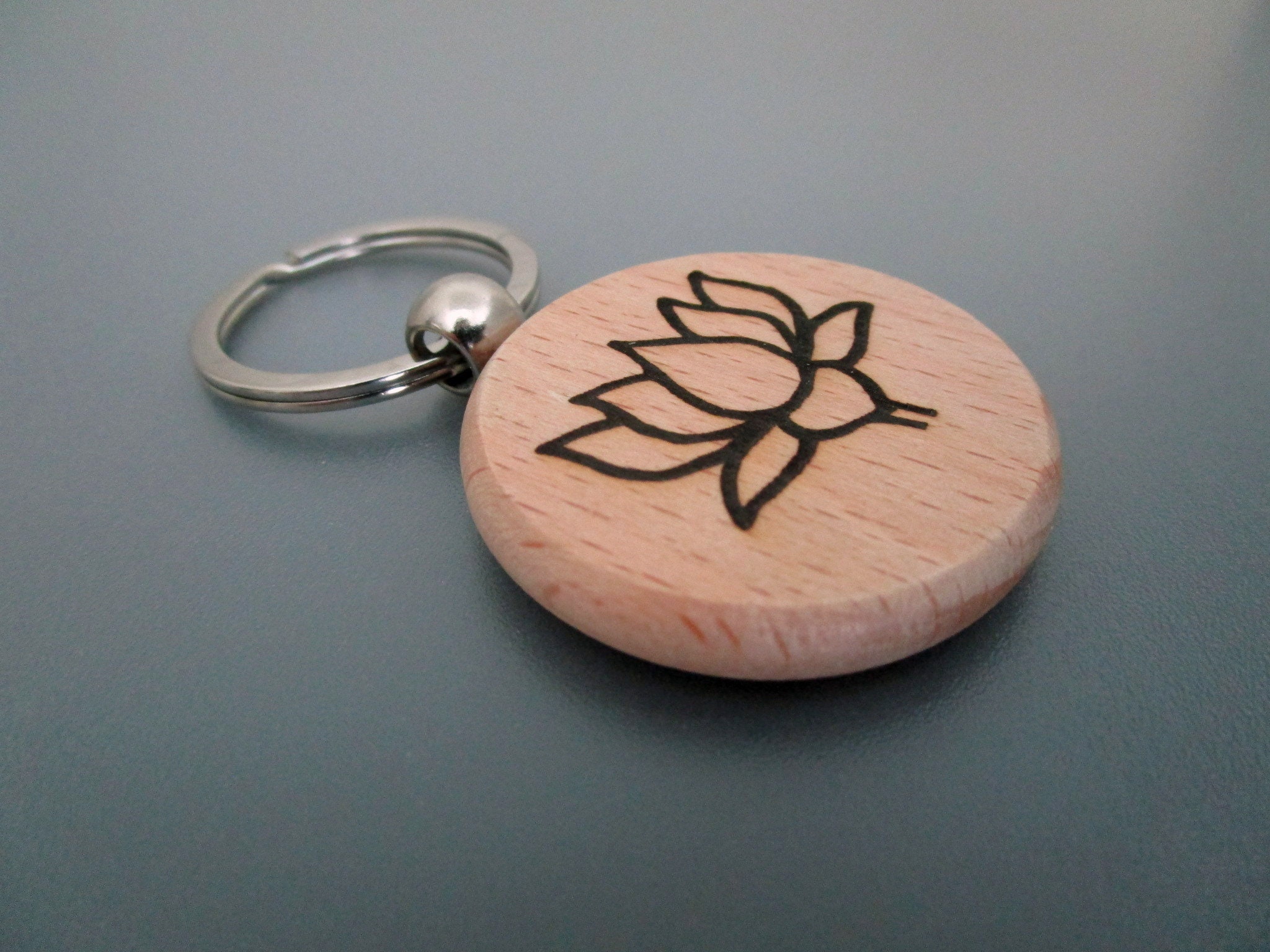 Lotus Flower Keychain / Engraved Wooden Key Ring Etsy