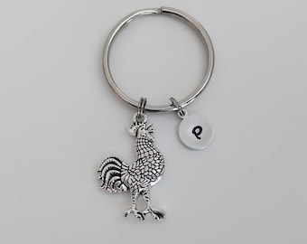 Rooster Keychain / Farm Animal Pet Key Ring / Hand Stamped Initial Charm