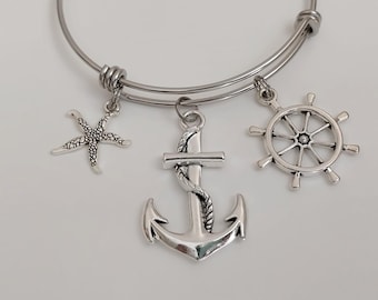 Anchor Bracelet / Nautical Jewelry / Rudder Charm Bangle
