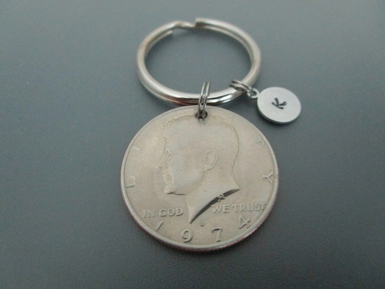 1974 Kennedy Half Dollar Coin Keychain / Initial Key Ring image 1