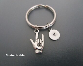 ASL Keychain / I Love You Accessories / American Sign Language Key Ring / Hand Stamped Initial Charm / Gifts Under 20