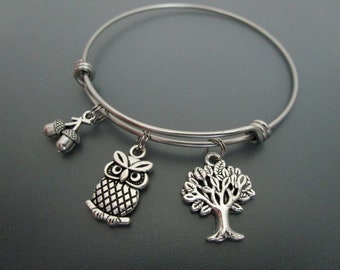 Owl Charm Bracelet/Tree of Life Bangle/Owl Jewelry