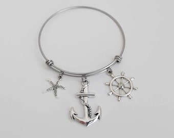 Anchor Bracelet / Nautical Jewelry / Rudder Charm Bangle