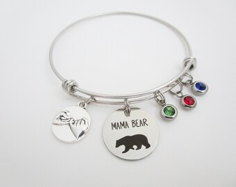 Mama Bear Bracelet / Birthstone Charm Bangle / Mother Jewelry