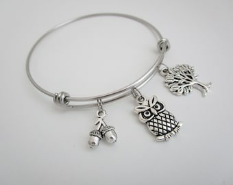 Owl Charm Bracelet/Tree of Life Bangle/Owl Jewelry
