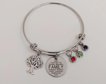 Family Birthstone Charm Bracelet / Tree of Life Bangle Jewelry