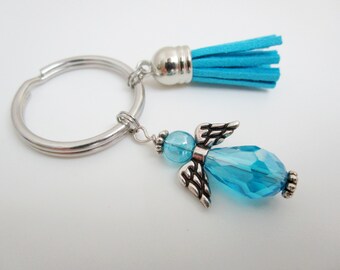 Guardian Angel Protection Keychain / Blue Tassel Key Ring