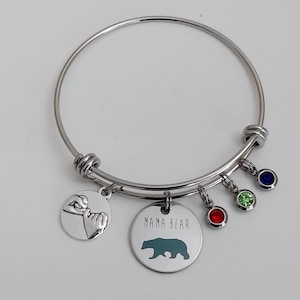 Mama Bear Bracelet / Birthstone Charm Bangle / Mother Jewelry