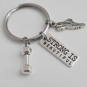Fitness Keychain / Strong is Beautiful Key Ring / Sport Workout Dumbbell Exercise