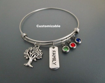Family Birthstone Bracelet / Tree of Life Charm Bangle