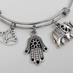 Hamsa Hand Charm Bracelet / Lotus Flower Jewelry