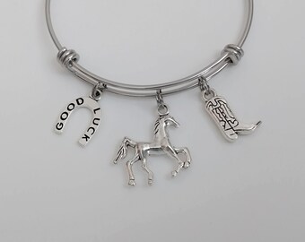 Horse Riding Charm Bracelet / Horseshoe Bangle / Cowgirl Boots Jewelry