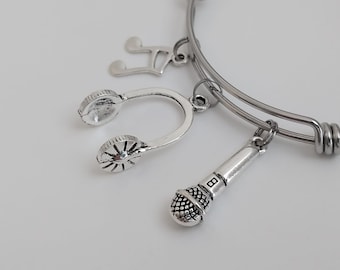 Karaoke Charm Bracelet / Love to Sing Bangle / Music Microphone Jewelry