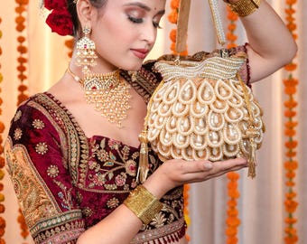 Gold Pearl Beaded Potli Bag: Indian Bridal Clutch, Handmade
