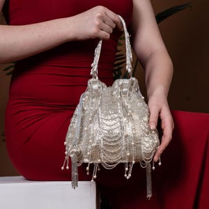 Perlen Quaste Potli Tasche: Handgemachte Brauttasche, Silber Abend Clutch