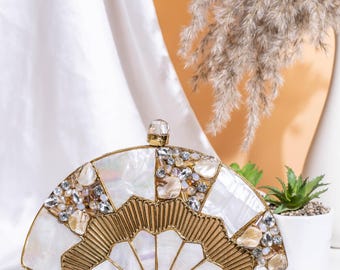 Mother of Pearl Clutch with Crystals | Fan-Shaped Bridal Evening Bag | Handmade Wedding Clutch Purse