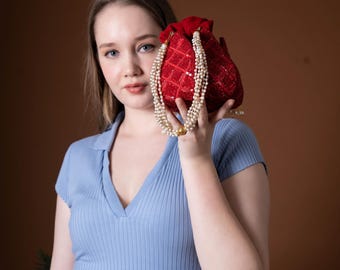 Red Lotus Potli Bag: Embroidered Bridal Clutch with Pearl Handle