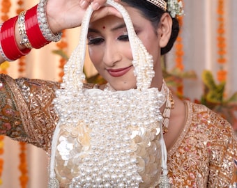 Pearl Sequin Bridal Potli Bag: Handmade Beaded Drawstring Pouch, Luxury Gift Box