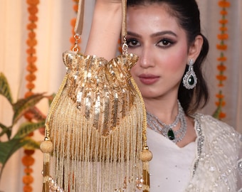 Gold Sequin Potli Bag – Handmade Bridal Tassel Clutch, Wedding Party Purse with Beads & Crystals