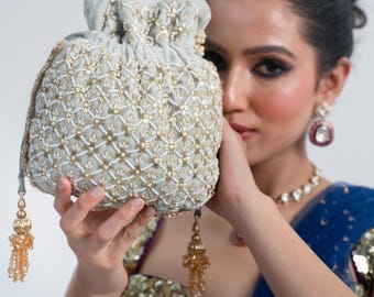 Ivory Embroidered Velvet Potli Bag: Bridal Pearl Handle, Gold Beaded Wedding Purse