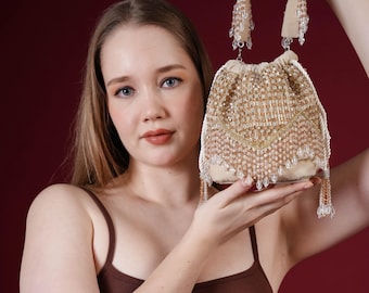 Midnight Crystal Beaded Potli Bag | Handmade beige Wedding & Party Purse