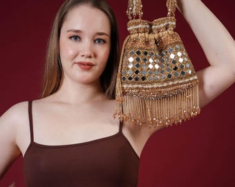 Golden Mirror Work Potli Bag: Handcrafted Indian Wedding Purse
