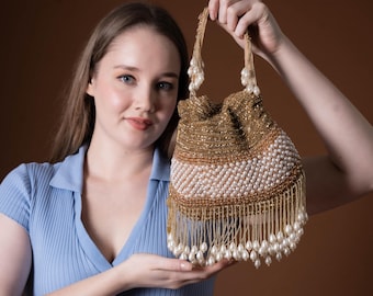 Handcrafted Pearl Potli Bag: Indian Wedding Clutch with Beaded Tassels