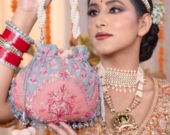 Embroidered Potli Bag with Pearl Handle – Handmade Wedding Clutch, Festive Gift Purse for Women