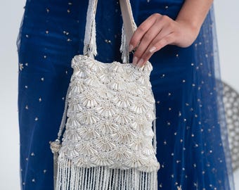 Ivory Beaded Bridal Potli Bag: Handmade Pearl Tassel Wedding Purse