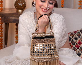 Golden Mirror Work Potli Bag: Handcrafted Indian Wedding Purse