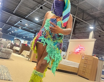 Vestido Artwear de crochet hecho a mano, moda neón de vanguardia