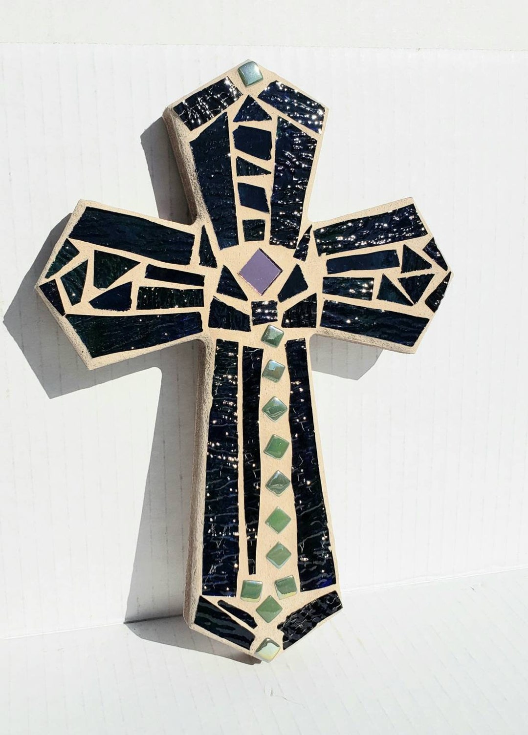 Mosaic Wall Cross Christian Cross Religious Decor Blue Stained Glass